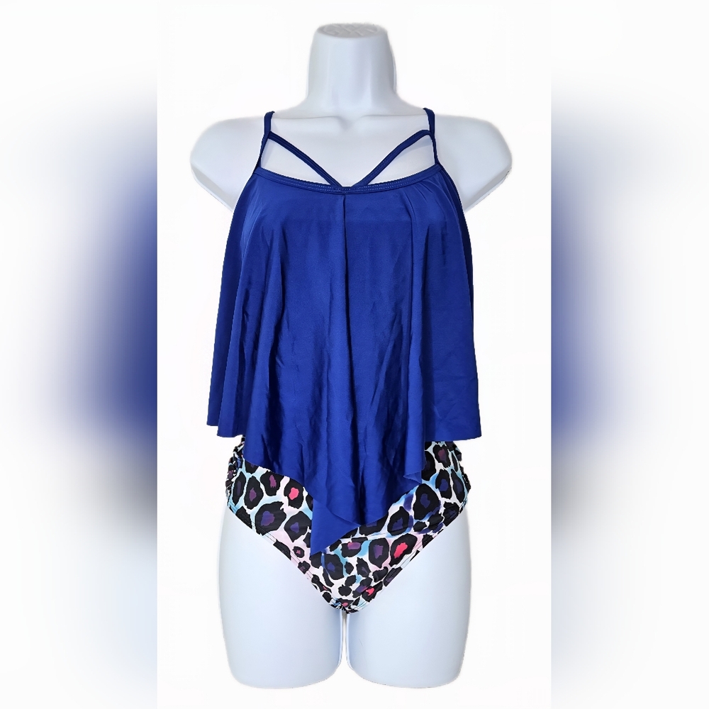 NWOT Women's Two-Piece High Waist Flouncy Strappy Blue Tankini Size 2XL